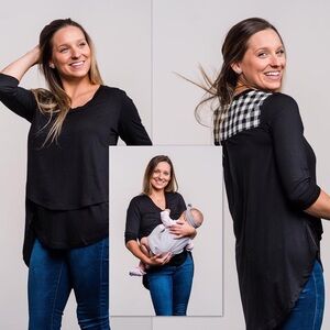 Latched Mama Nursing Top 3/4 Sleeves Black/White Plaid 2XL